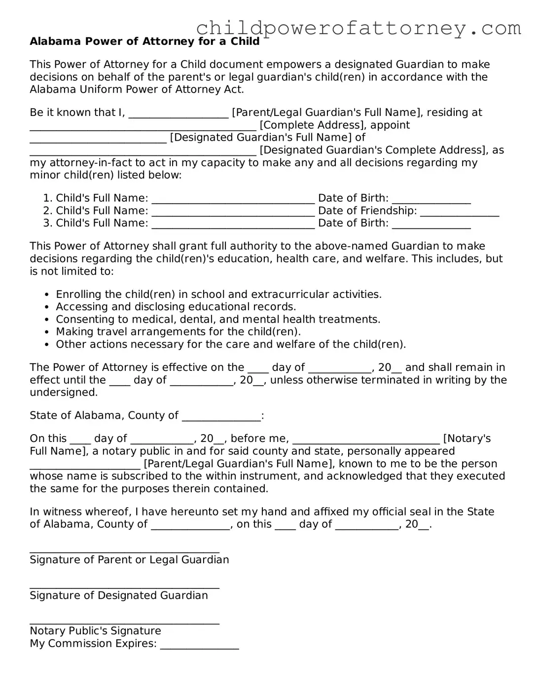 Attorney-Approved Power of Attorney for a Child Document for Alabama State