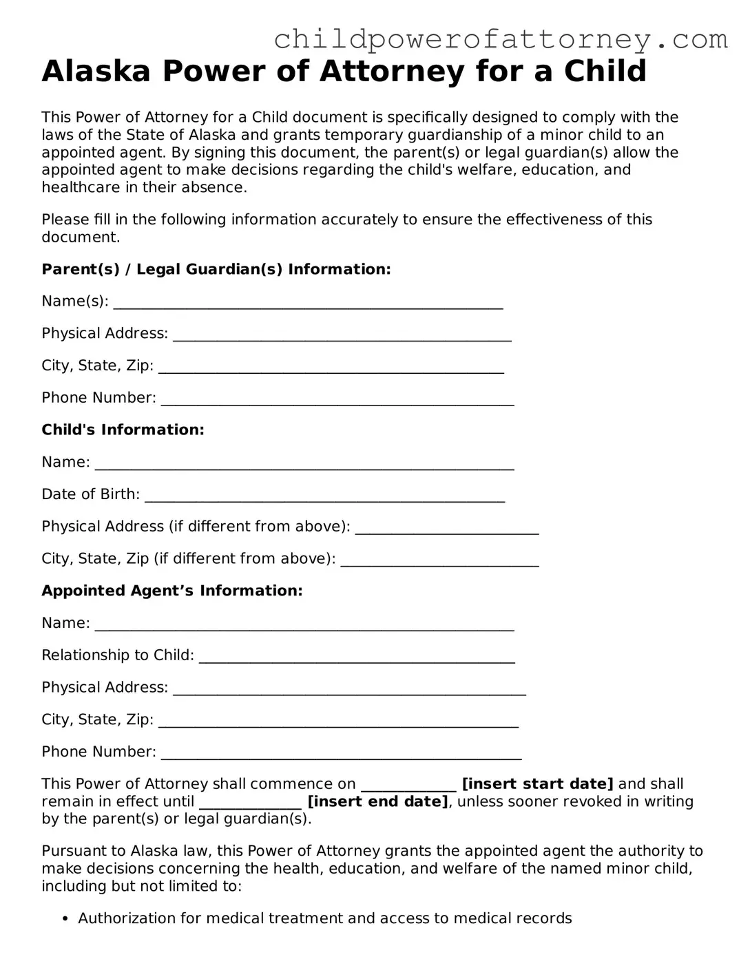 Attorney-Approved Power of Attorney for a Child Document for Alaska State