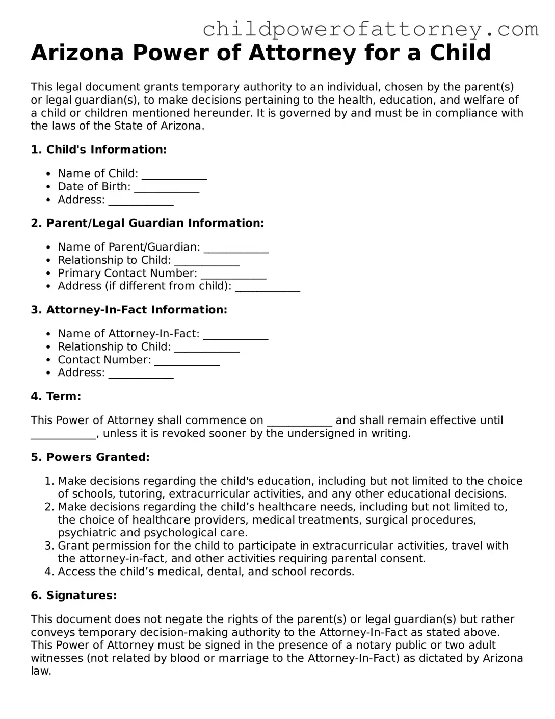 Attorney-Approved Power of Attorney for a Child Document for Arizona State