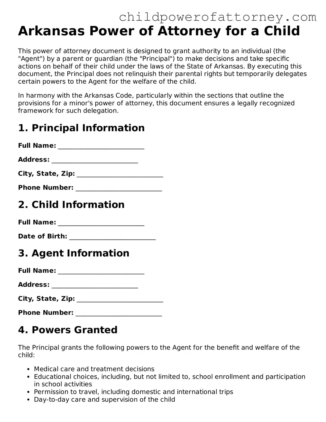 Attorney-Approved Power of Attorney for a Child Document for Arkansas State