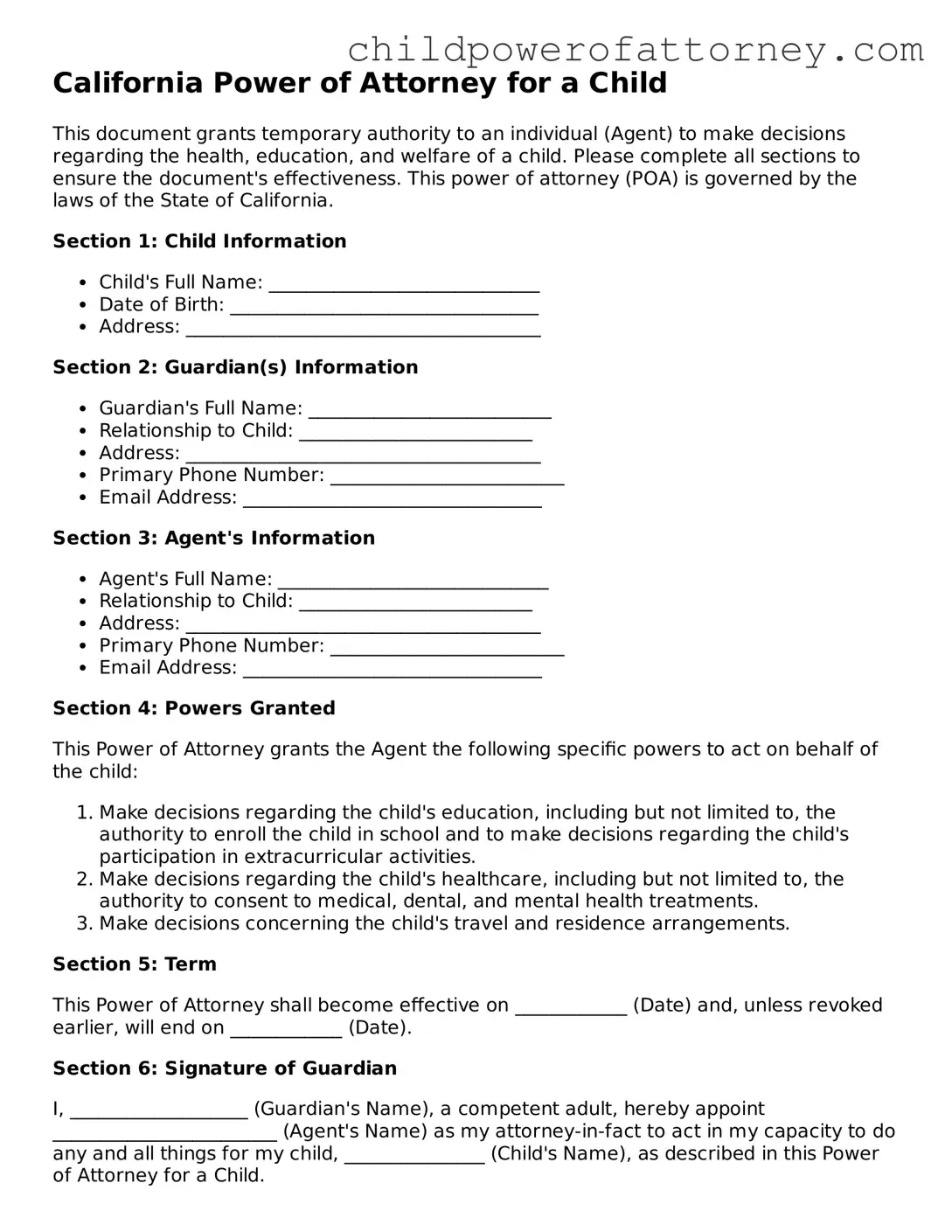 Attorney-Approved Power of Attorney for a Child Document for California State