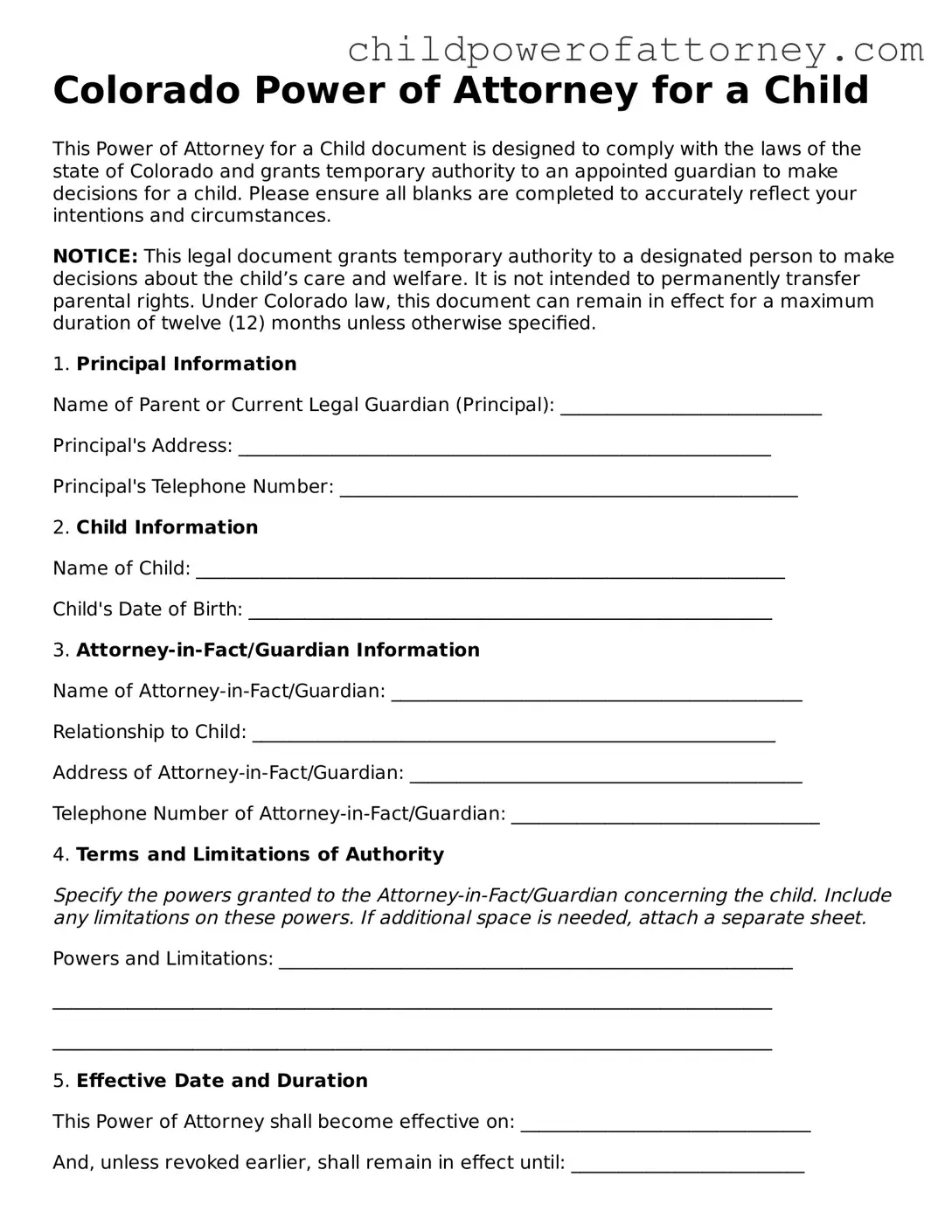 Attorney-Approved Power of Attorney for a Child Document for Colorado State