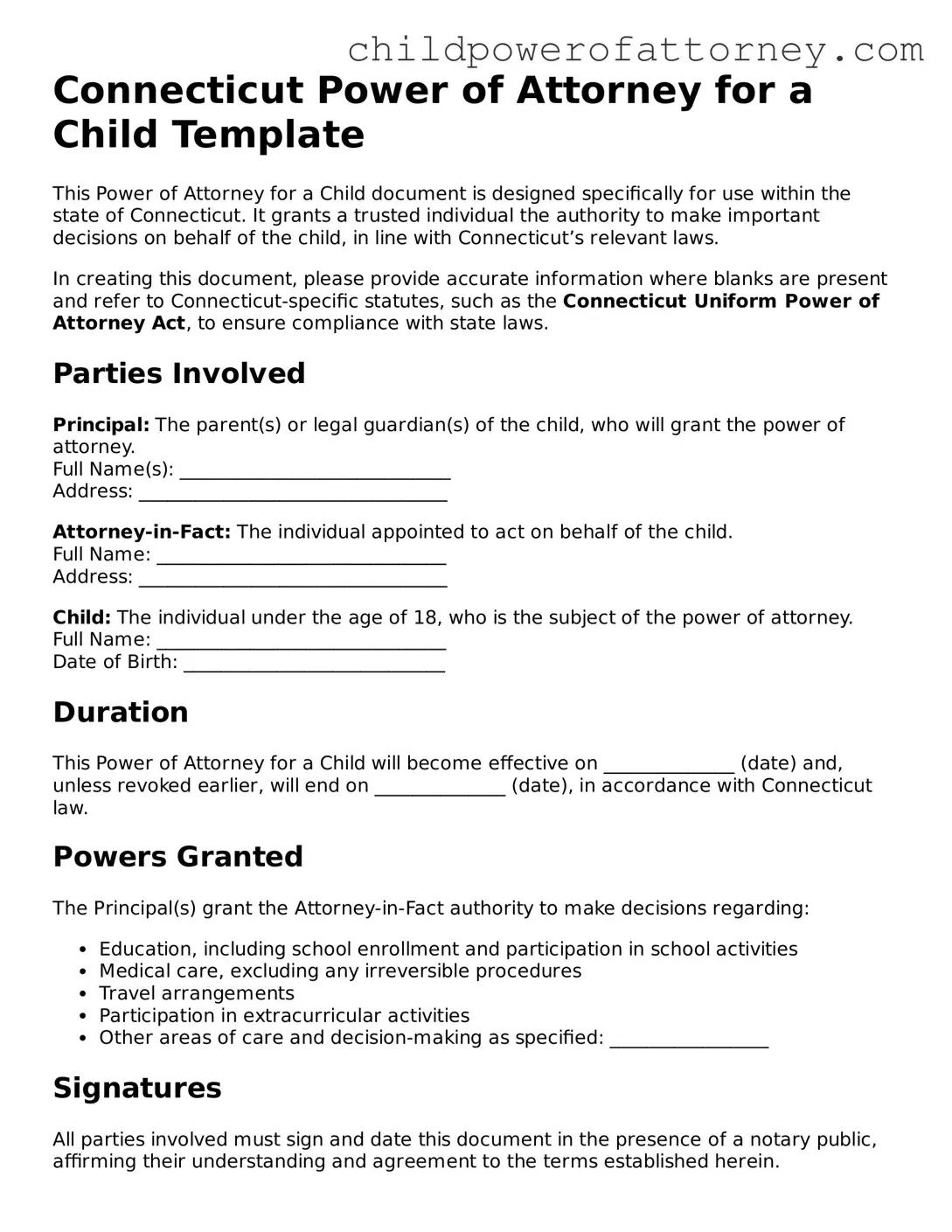 Attorney-Approved Power of Attorney for a Child Document for Connecticut State