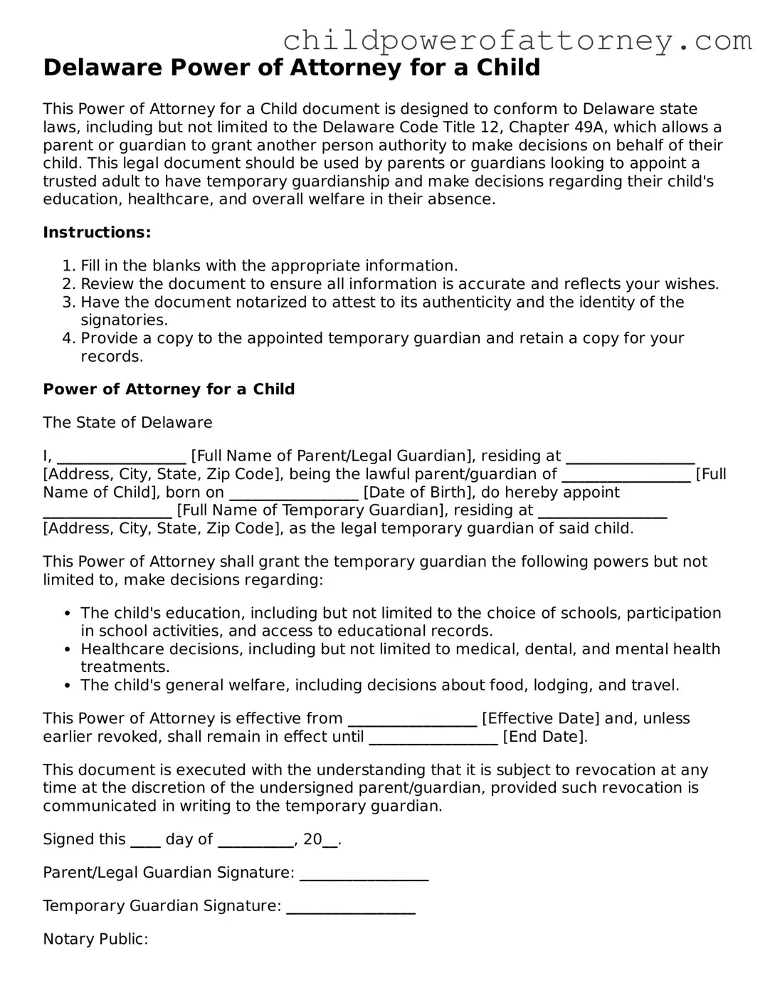 Attorney-Approved Power of Attorney for a Child Document for Delaware State