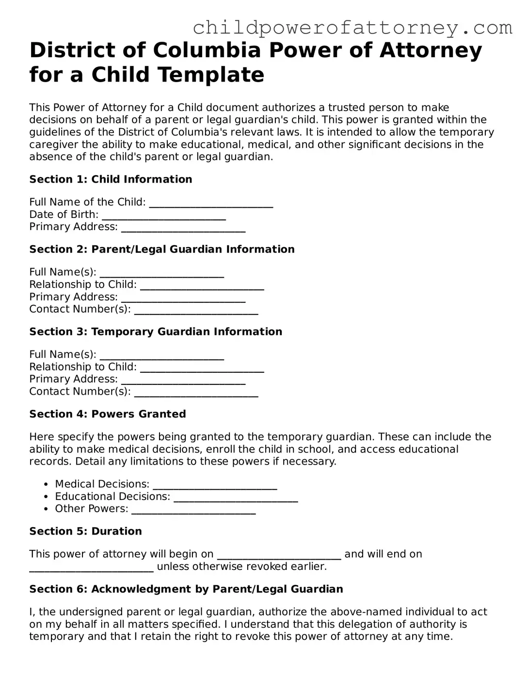 Attorney-Approved Power of Attorney for a Child Document for District of Columbia State