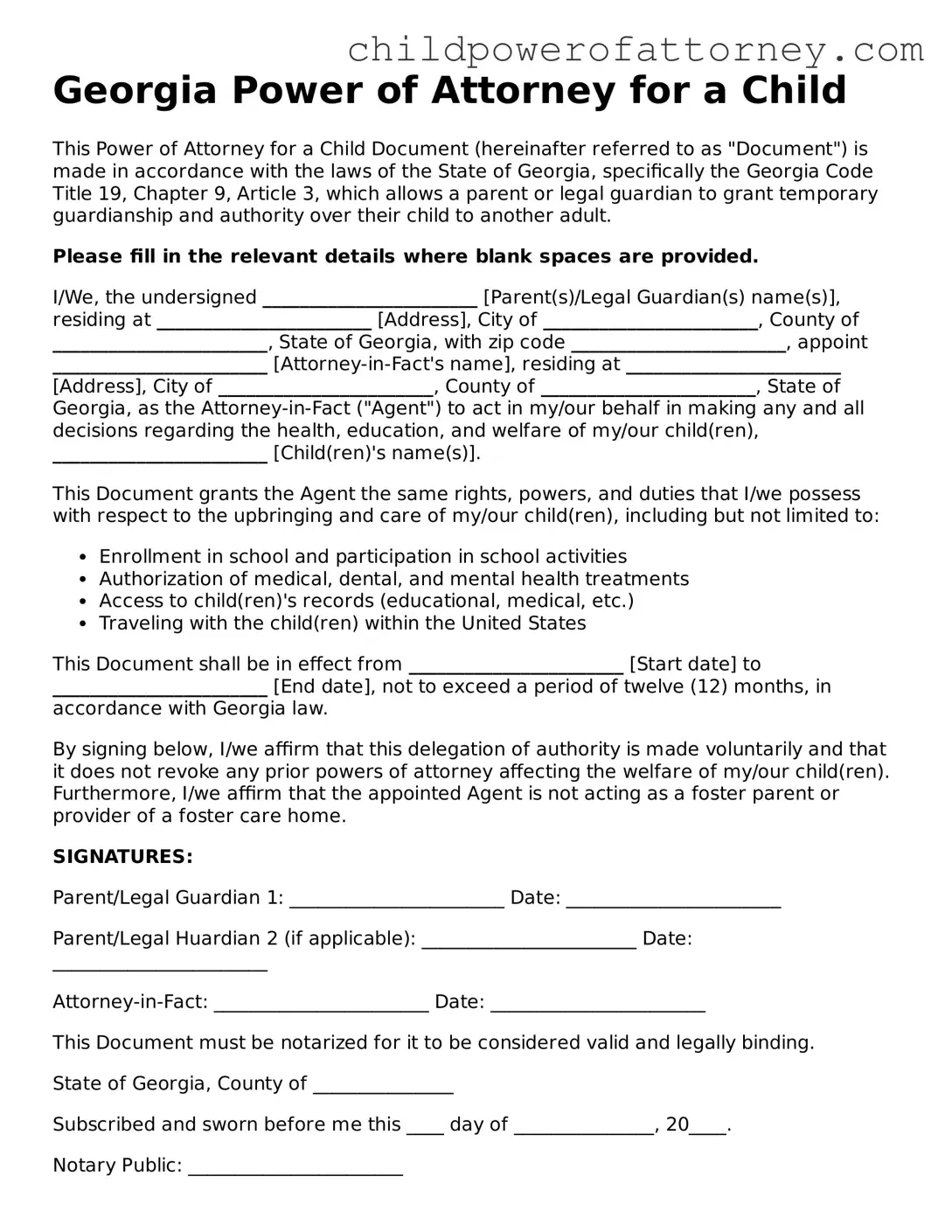 Attorney-Approved Power of Attorney for a Child Document for Georgia State