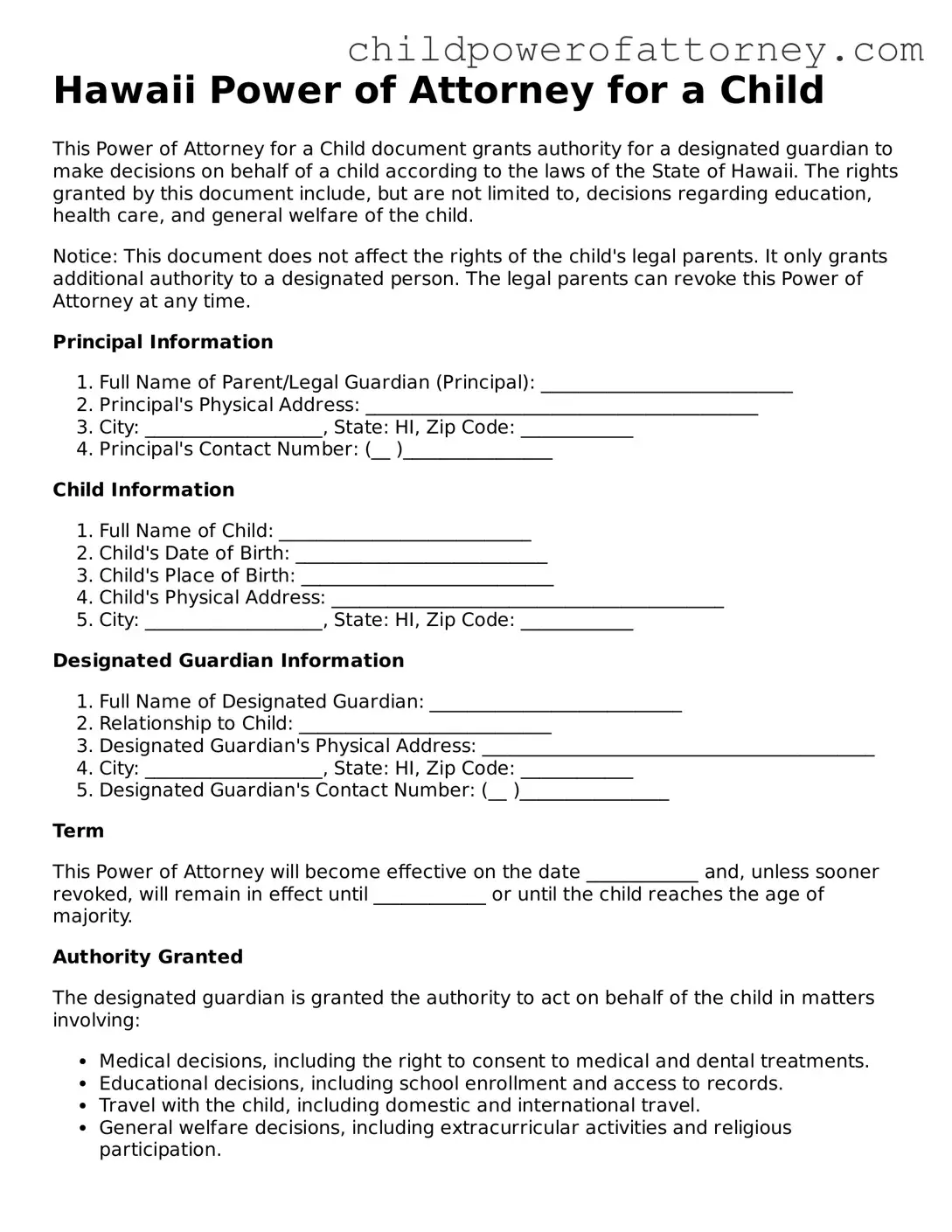 Attorney-Approved Power of Attorney for a Child Document for Hawaii State