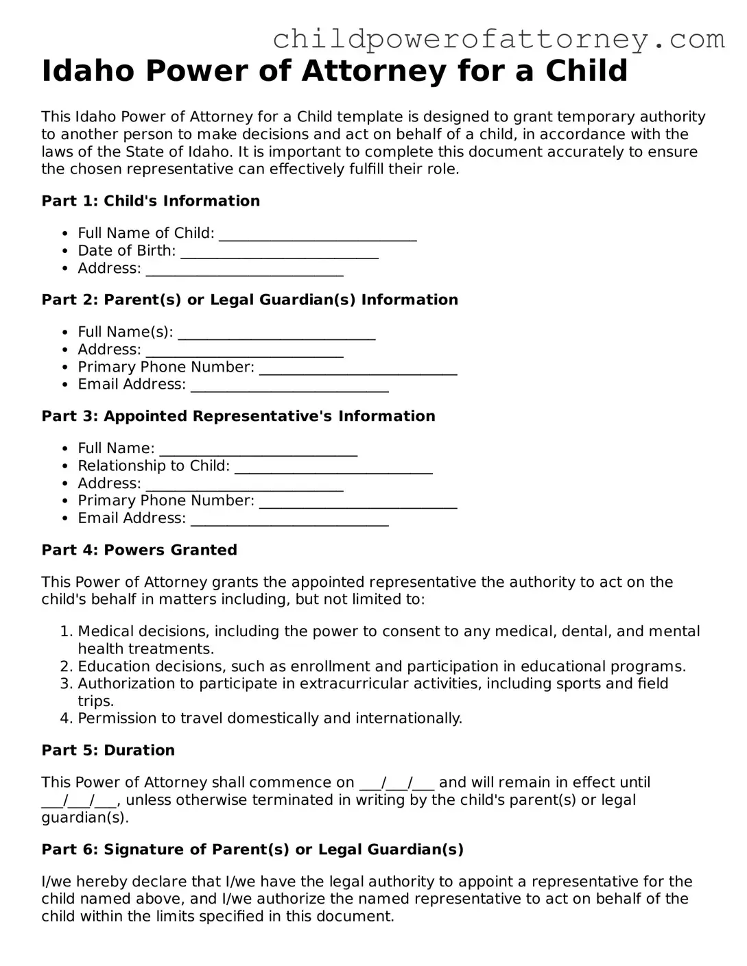 Attorney-Approved Power of Attorney for a Child Document for Idaho State