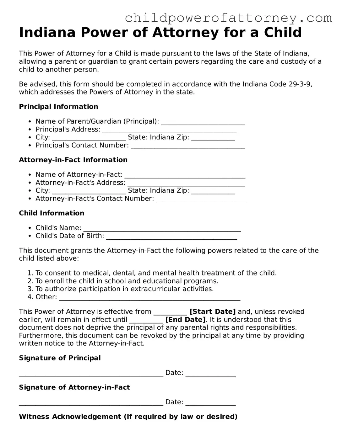 Attorney-Approved Power of Attorney for a Child Document for Indiana State