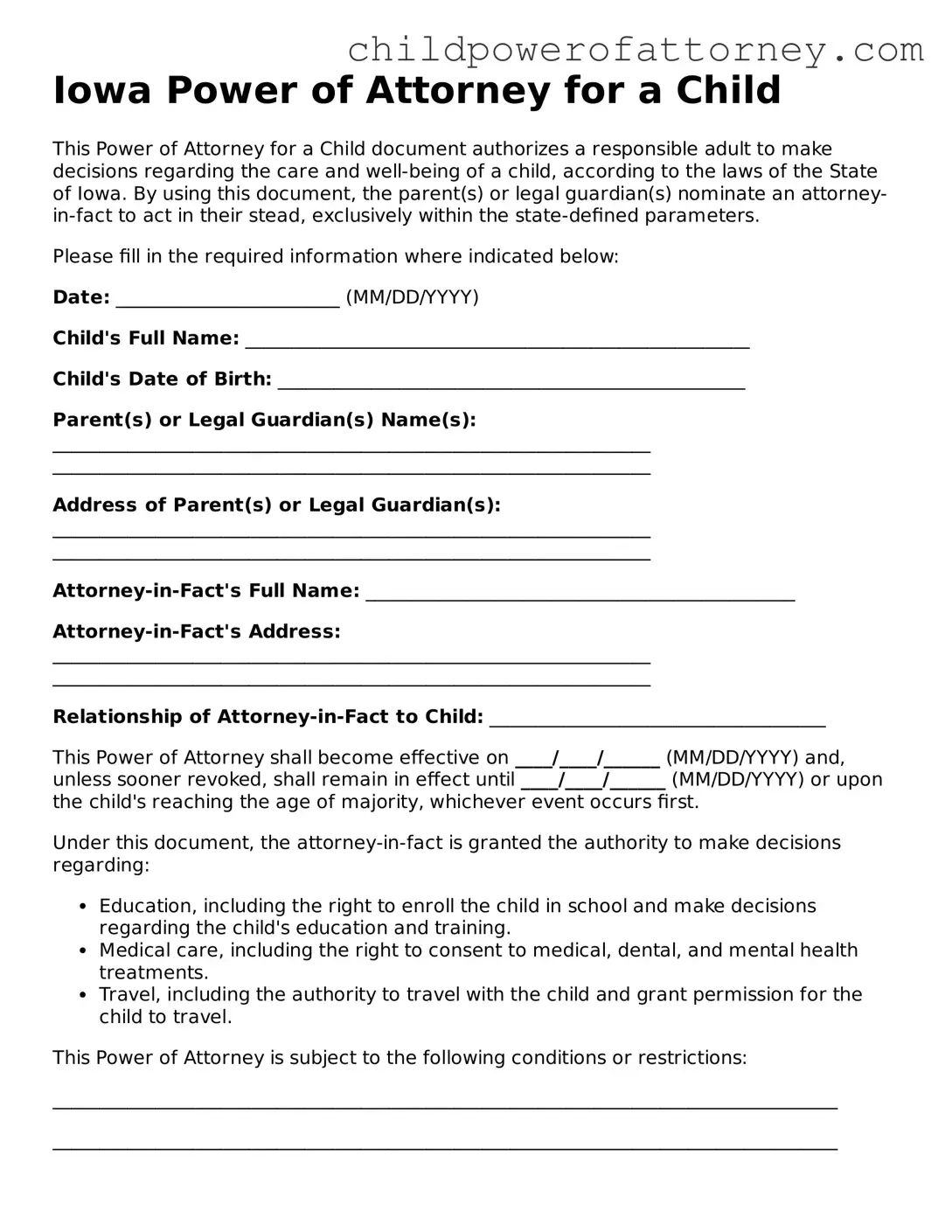 Attorney-Approved Power of Attorney for a Child Document for Iowa State
