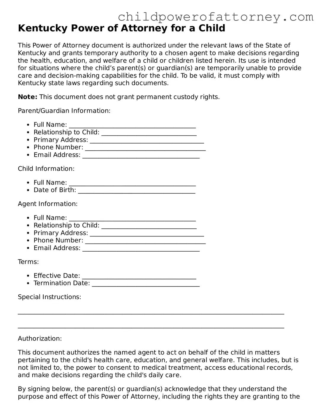 Attorney-Approved Power of Attorney for a Child Document for Kentucky State