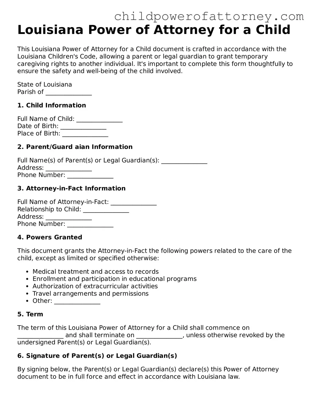 Attorney-Approved Power of Attorney for a Child Document for Louisiana State