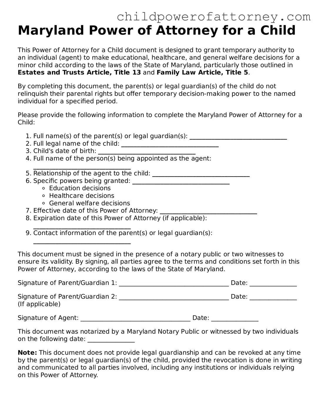 Attorney-Approved Power of Attorney for a Child Document for Maryland State