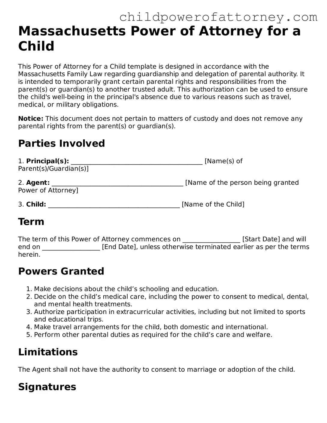 Attorney-Approved Power of Attorney for a Child Document for Massachusetts State