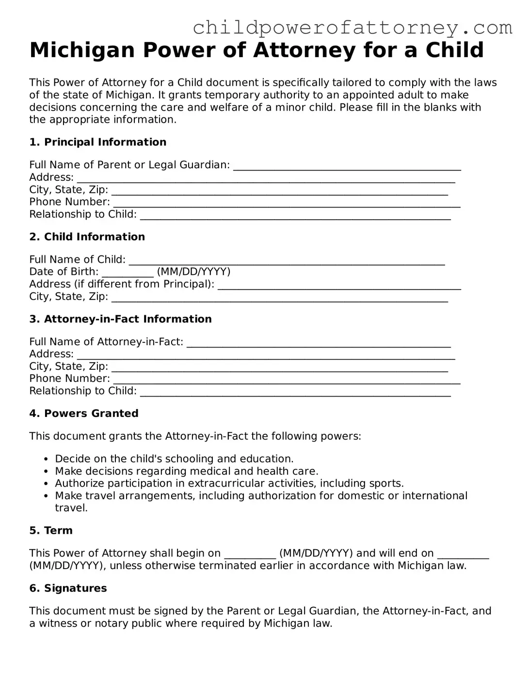 Attorney-Approved Power of Attorney for a Child Document for Michigan State