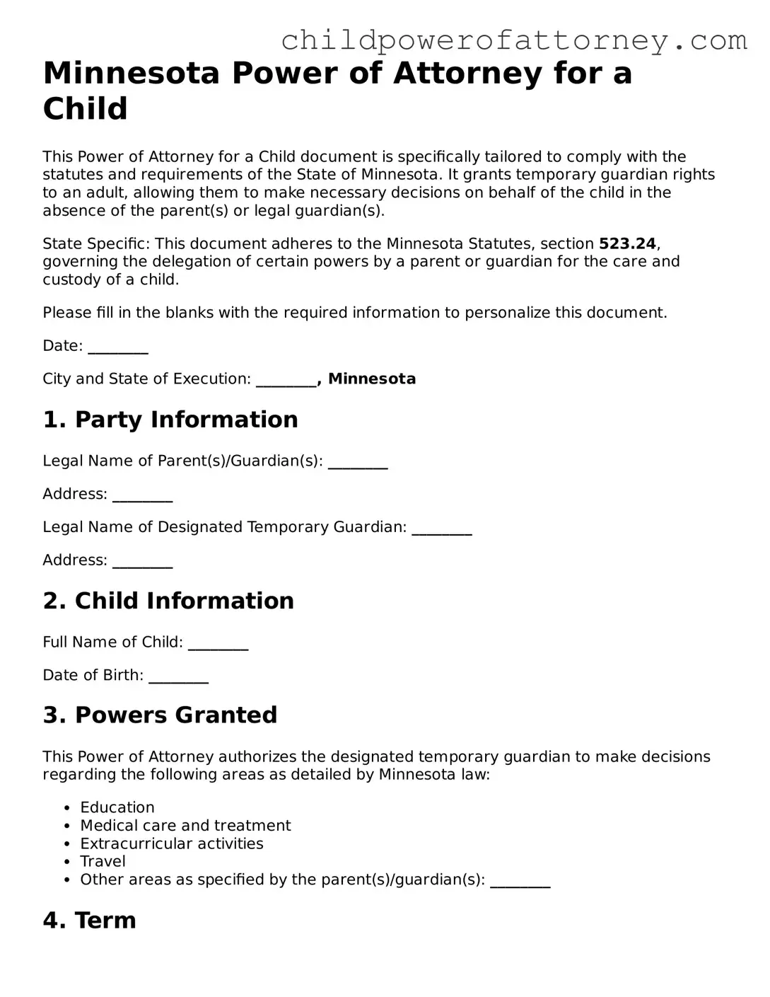 Attorney-Approved Power of Attorney for a Child Document for Minnesota State