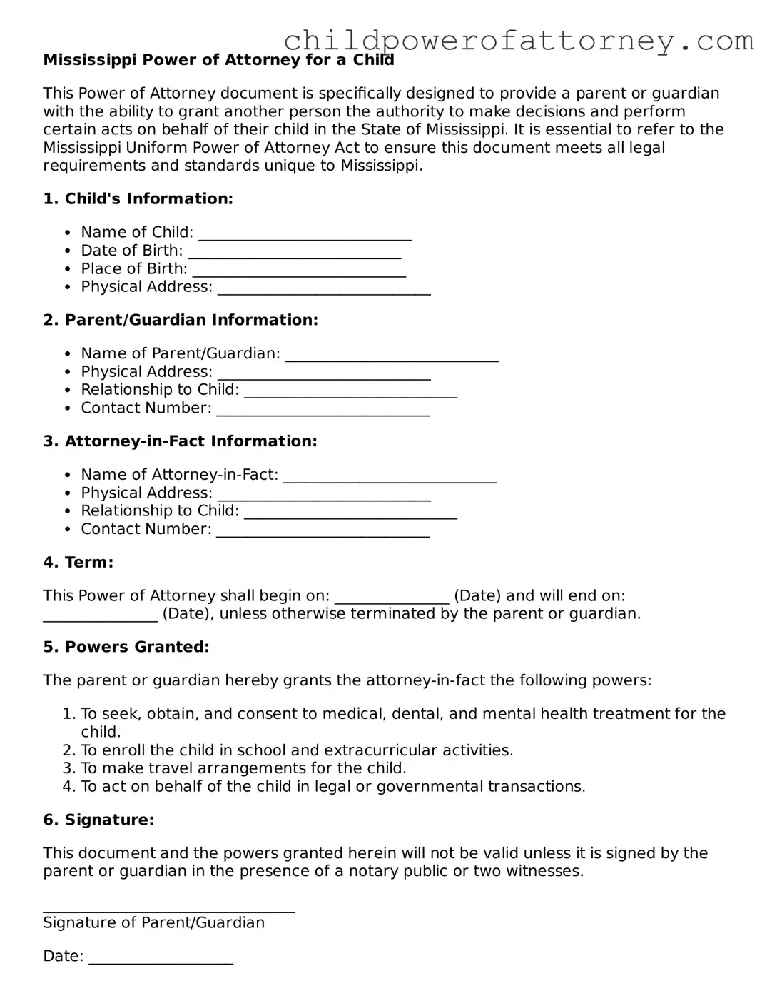 Attorney-Approved Power of Attorney for a Child Document for Mississippi State