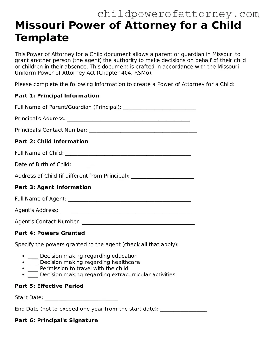 Attorney-Approved Power of Attorney for a Child Document for Missouri State