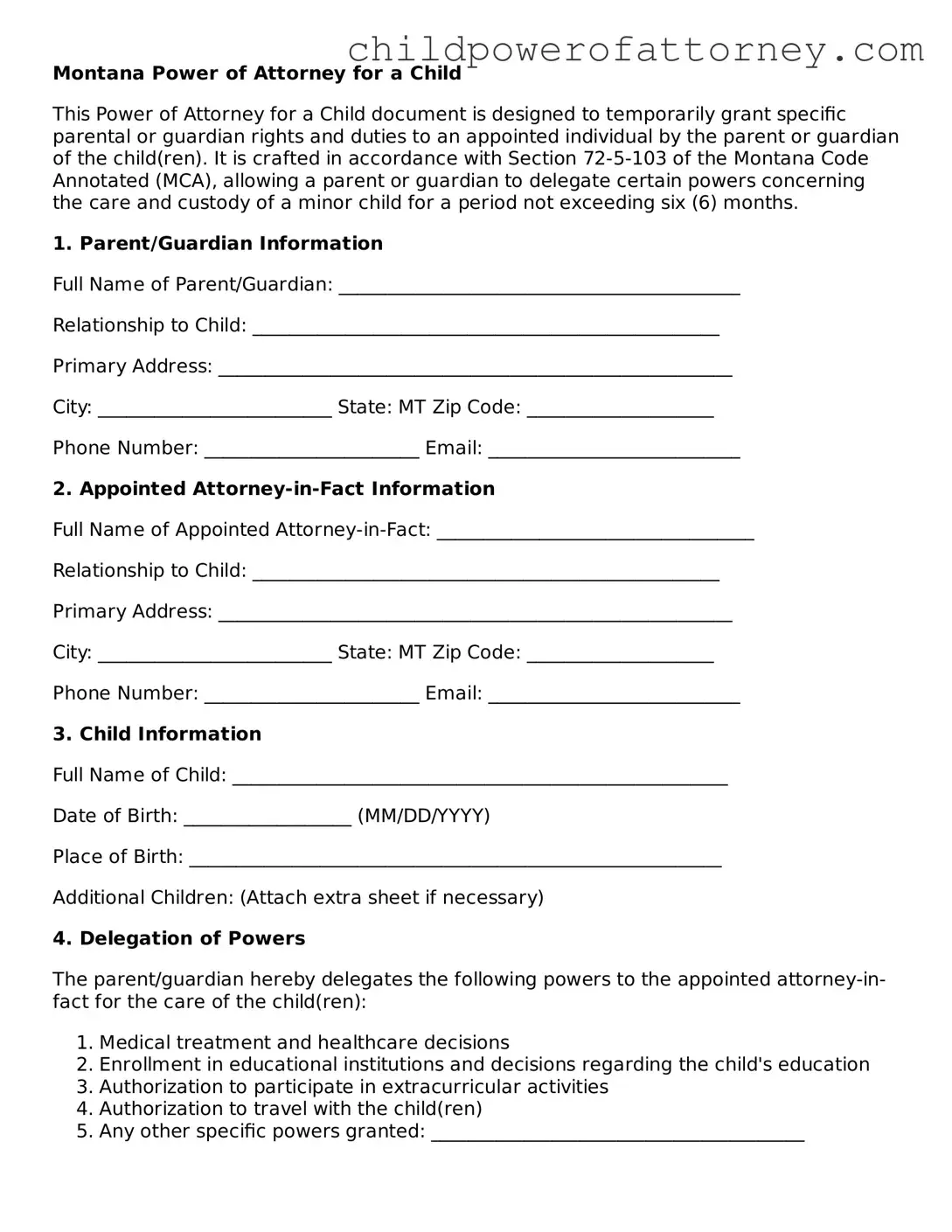 Attorney-Approved Power of Attorney for a Child Document for Montana State