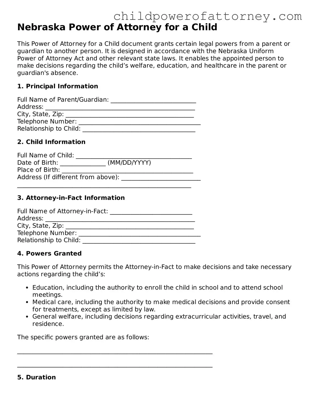 Attorney-Approved Power of Attorney for a Child Document for Nebraska State