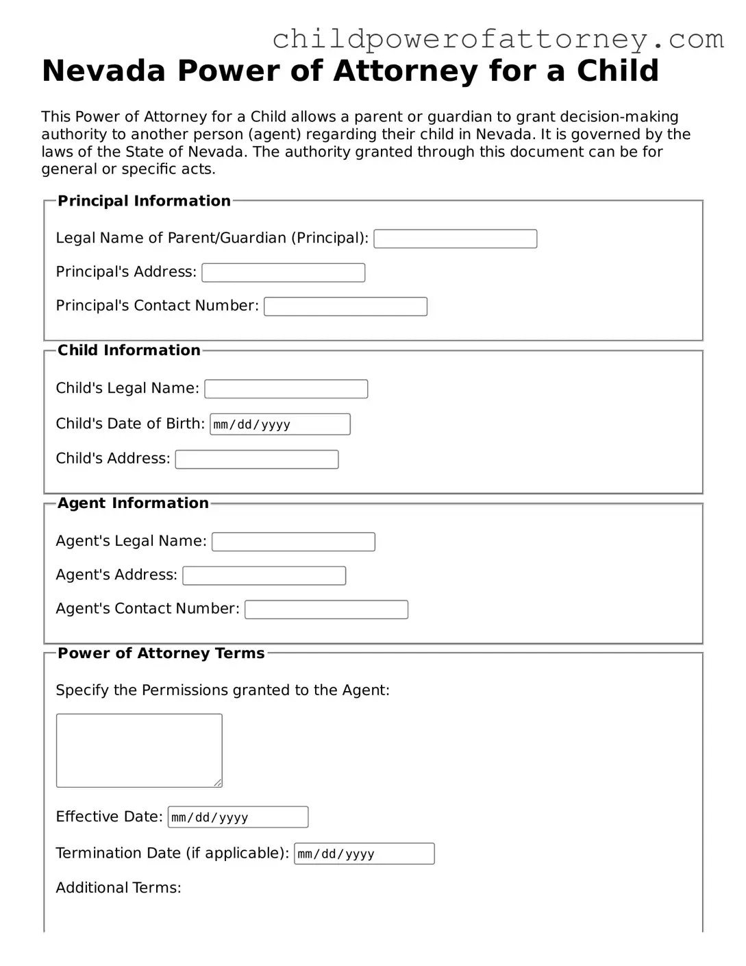 Attorney-Approved Power of Attorney for a Child Document for Nevada State