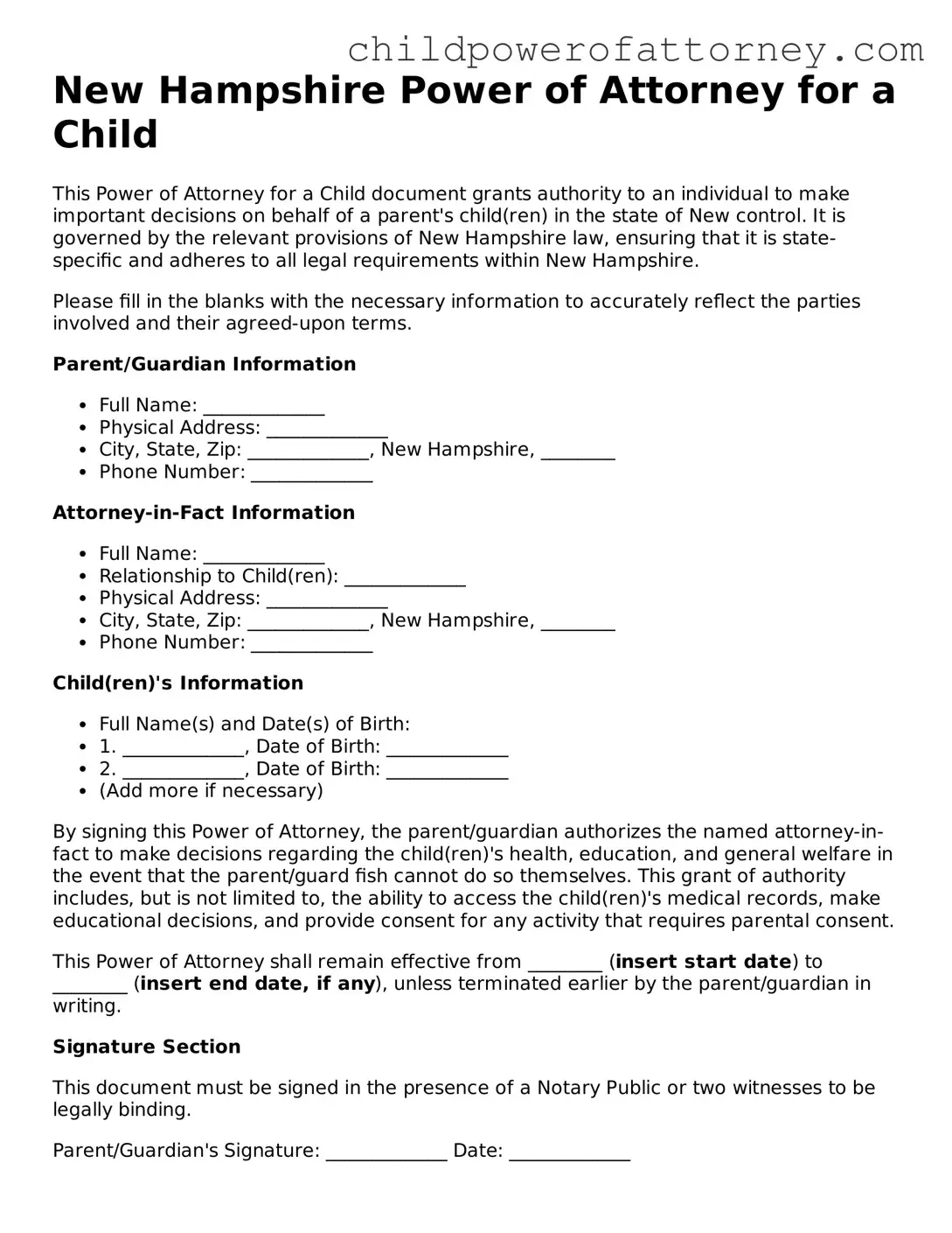 Attorney-Approved Power of Attorney for a Child Document for New Hampshire State