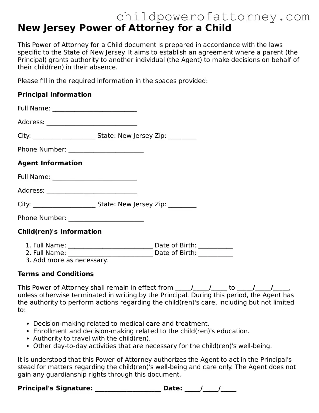 Attorney-Approved Power of Attorney for a Child Document for New Jersey State