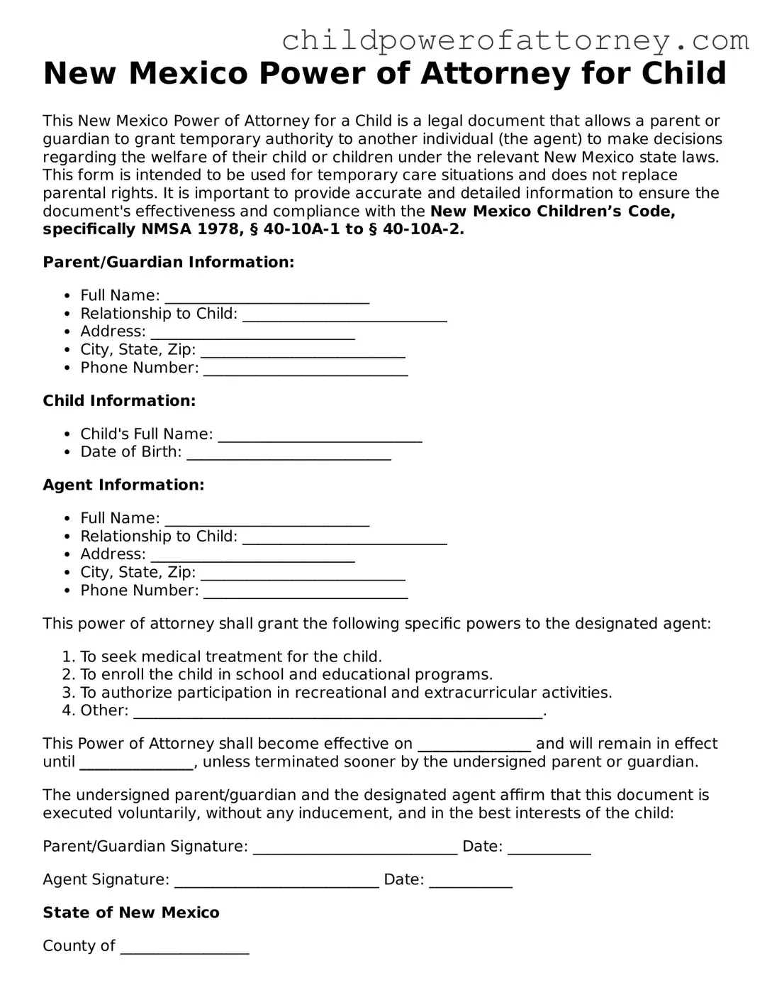 Attorney-Approved Power of Attorney for a Child Document for New Mexico State