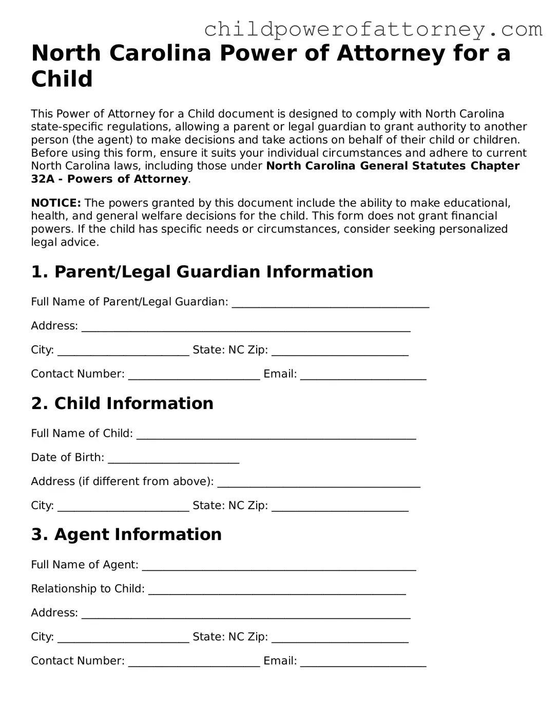 Attorney-Approved Power of Attorney for a Child Document for North Carolina State