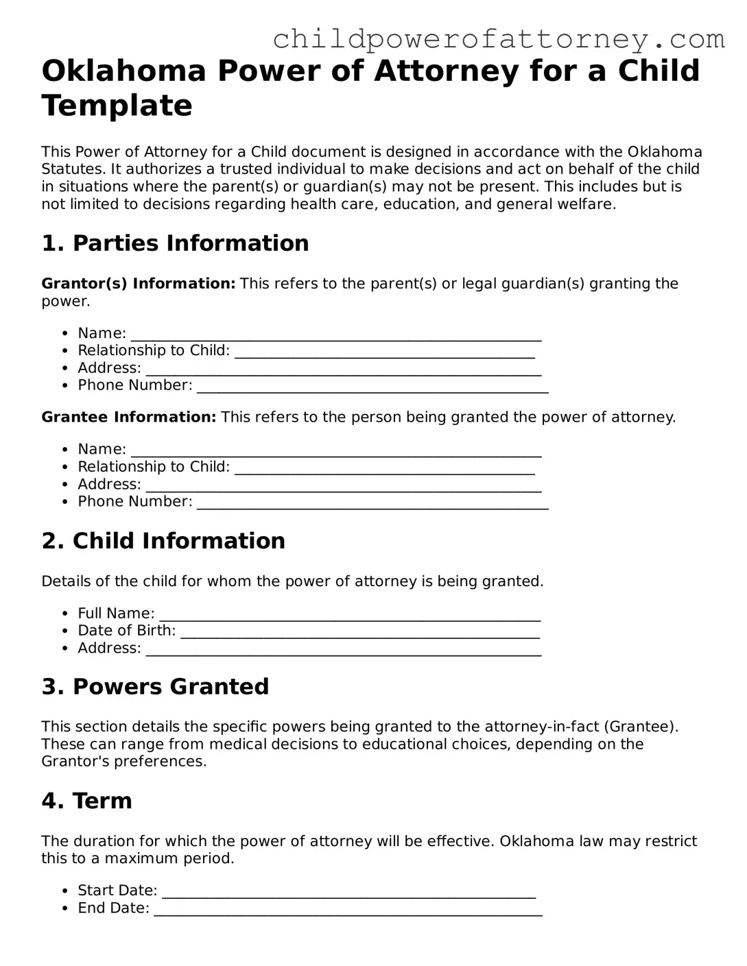 Attorney-Approved Power of Attorney for a Child Document for Oklahoma State
