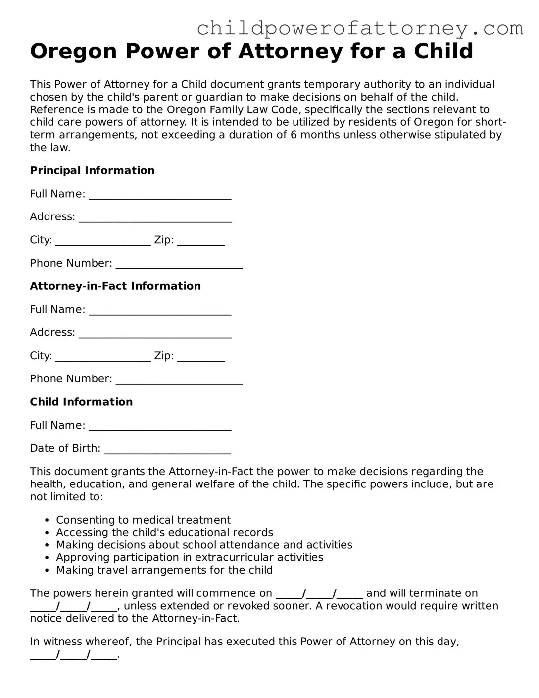 Attorney-Approved Power of Attorney for a Child Document for Oregon State