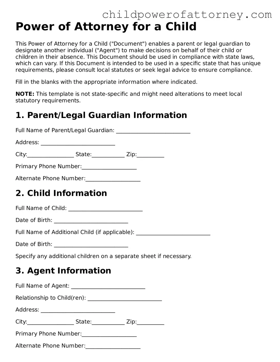 Printable Power of Attorney for a Child Document
