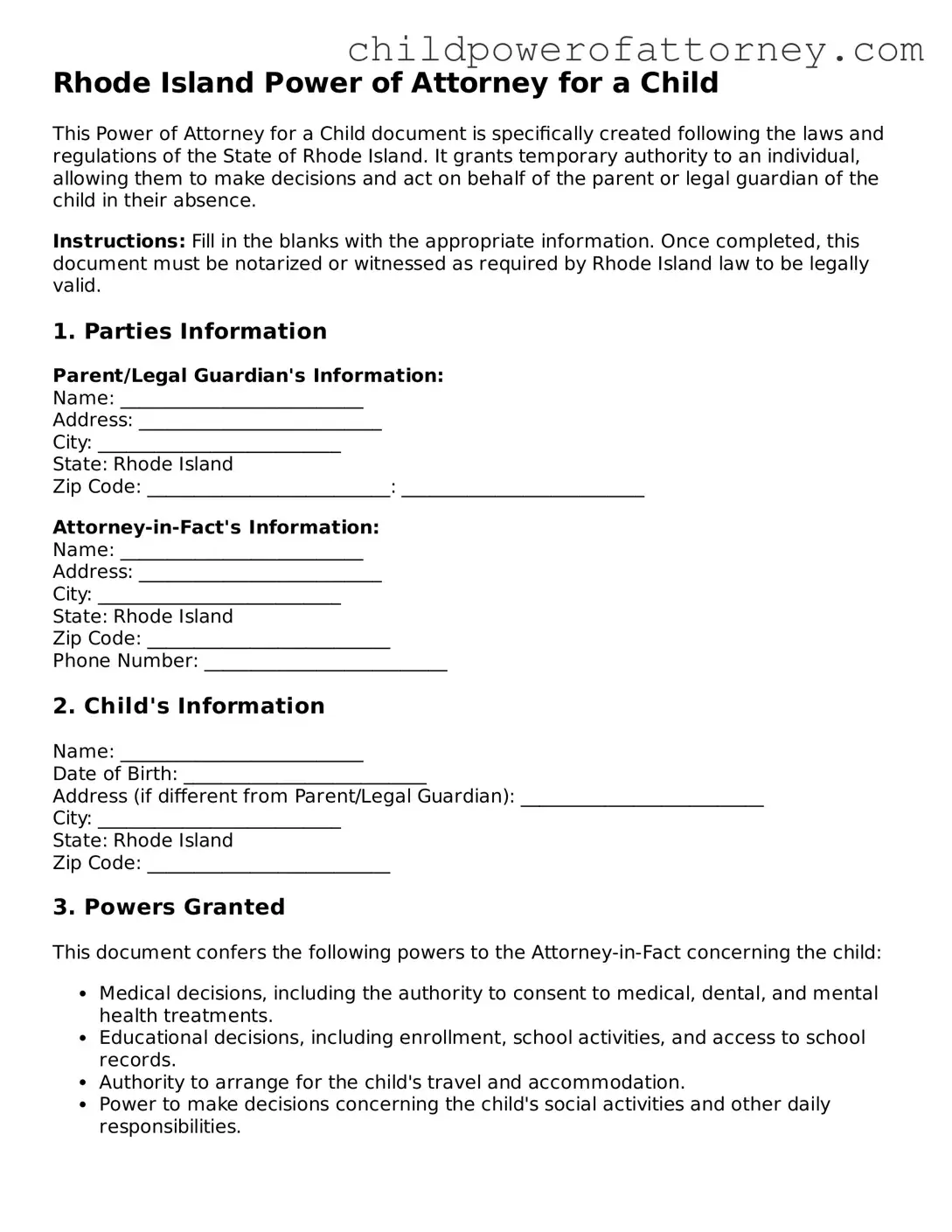 Attorney-Approved Power of Attorney for a Child Document for Rhode Island State