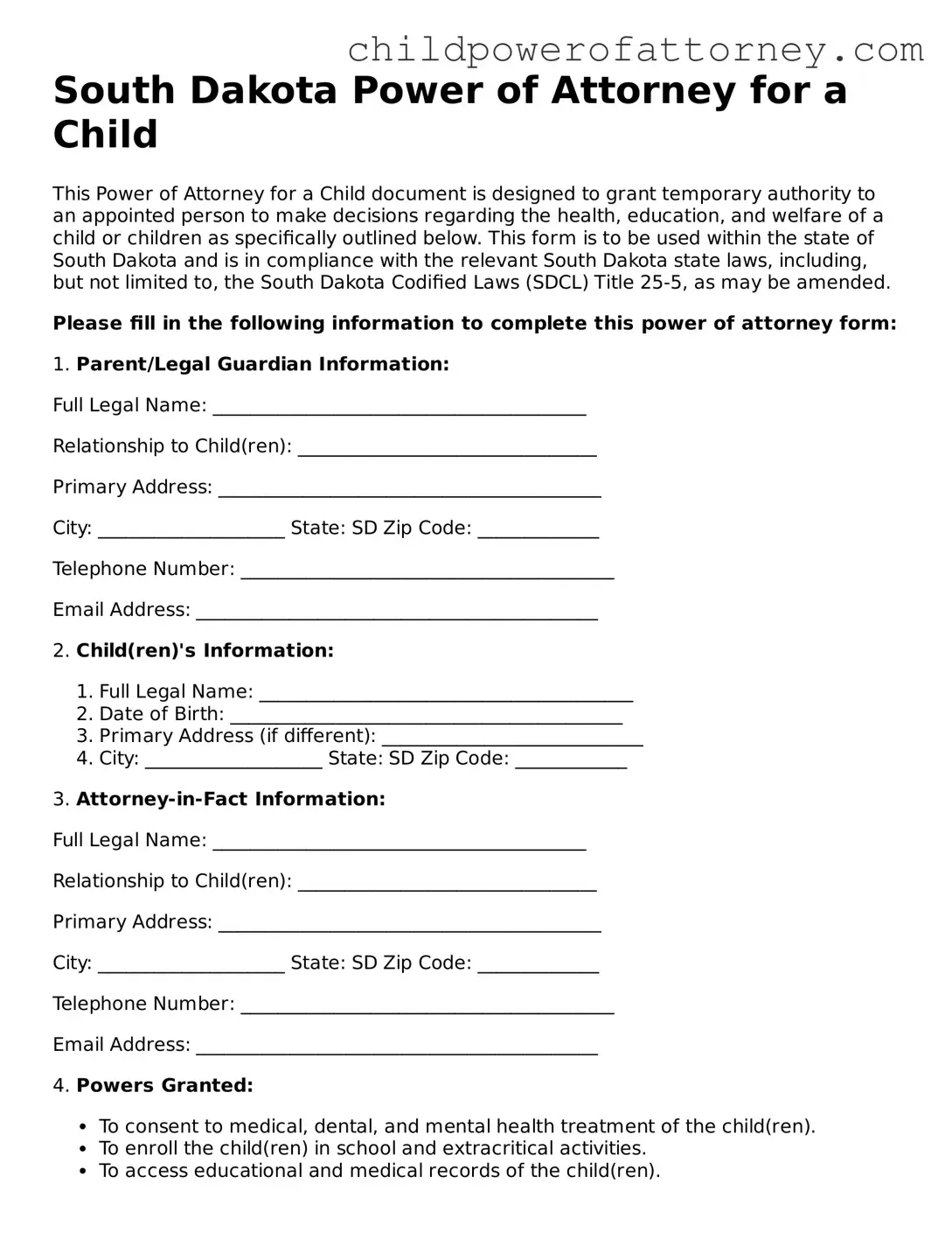 Attorney-Approved Power of Attorney for a Child Document for South Dakota State