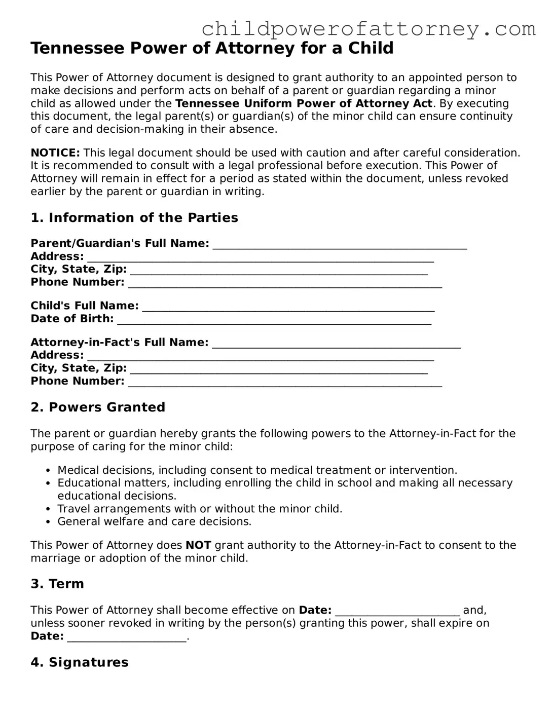 Attorney-Approved Power of Attorney for a Child Document for Tennessee State