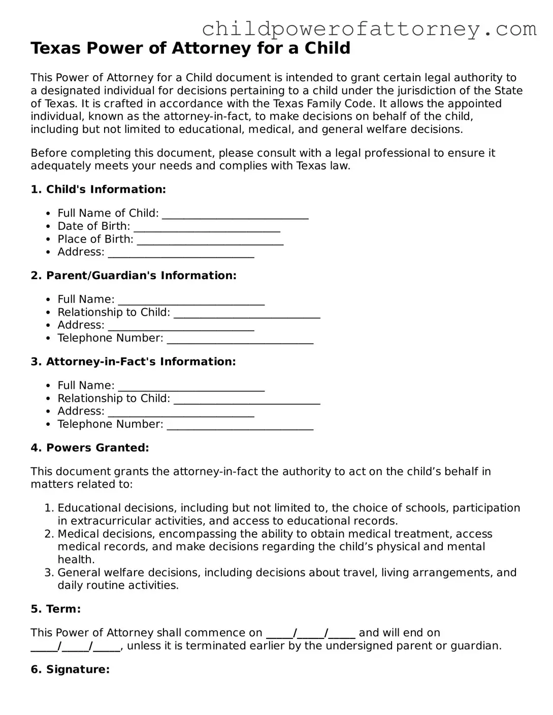 Attorney-Approved Power of Attorney for a Child Document for Texas State