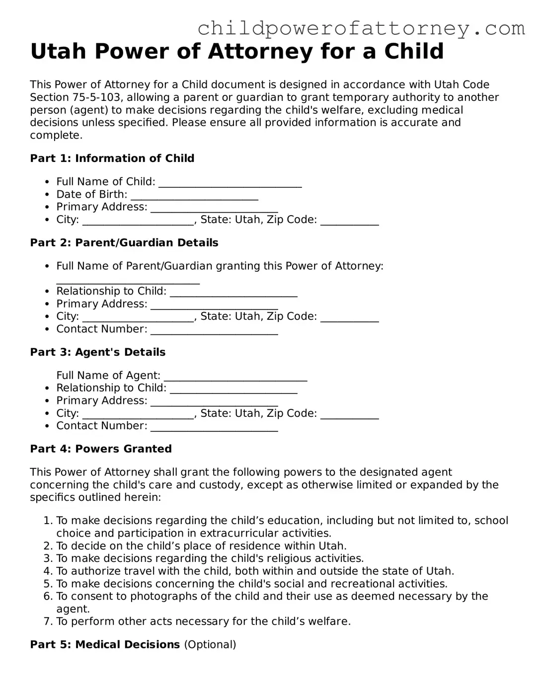 Attorney-Approved Power of Attorney for a Child Document for Utah State