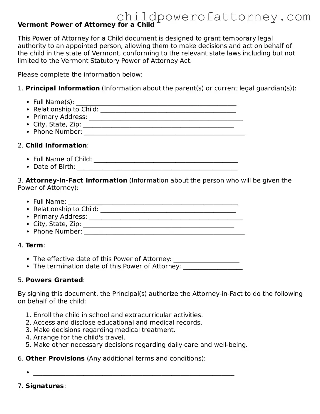 Attorney-Approved Power of Attorney for a Child Document for Vermont State