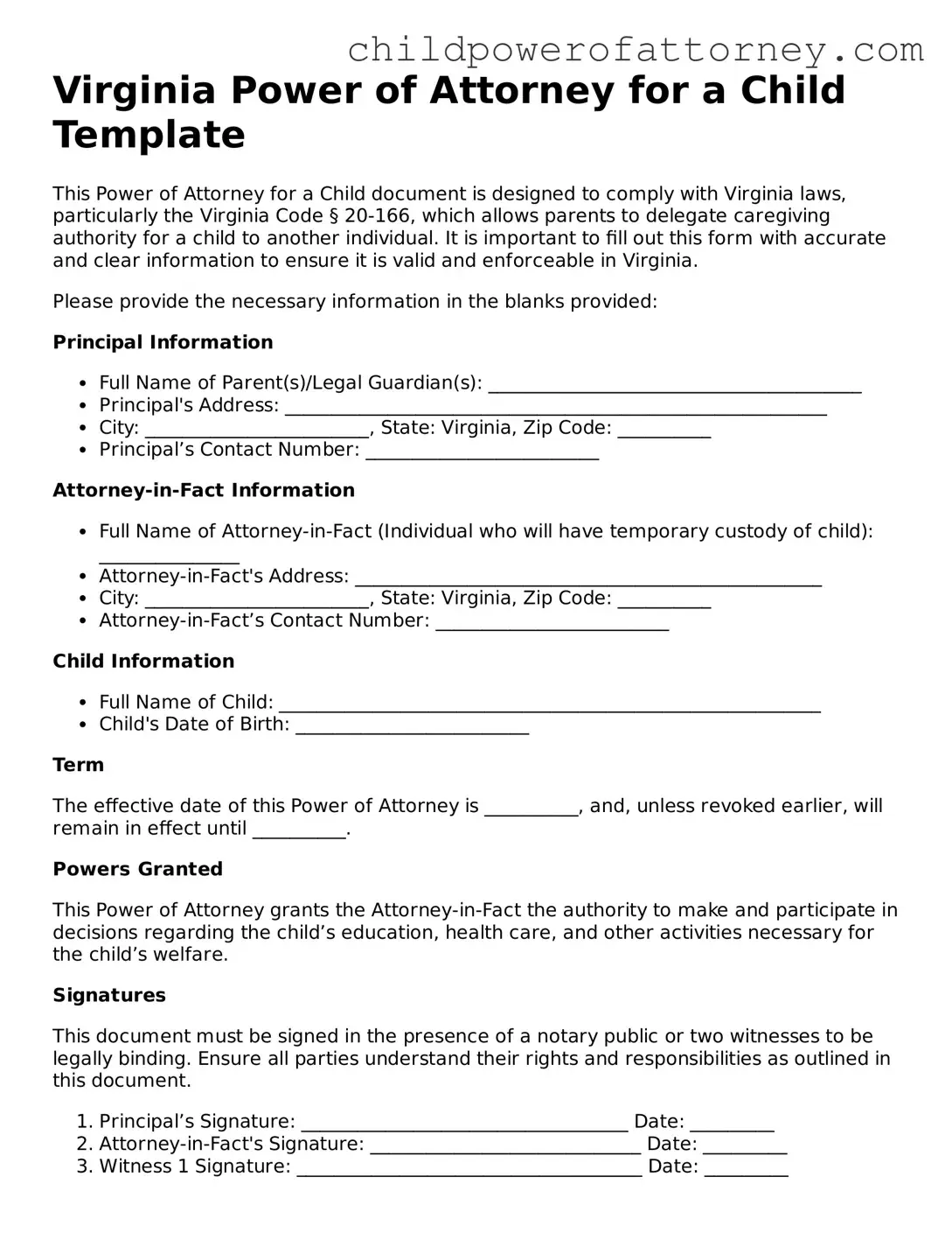Attorney-Approved Power of Attorney for a Child Document for Virginia State