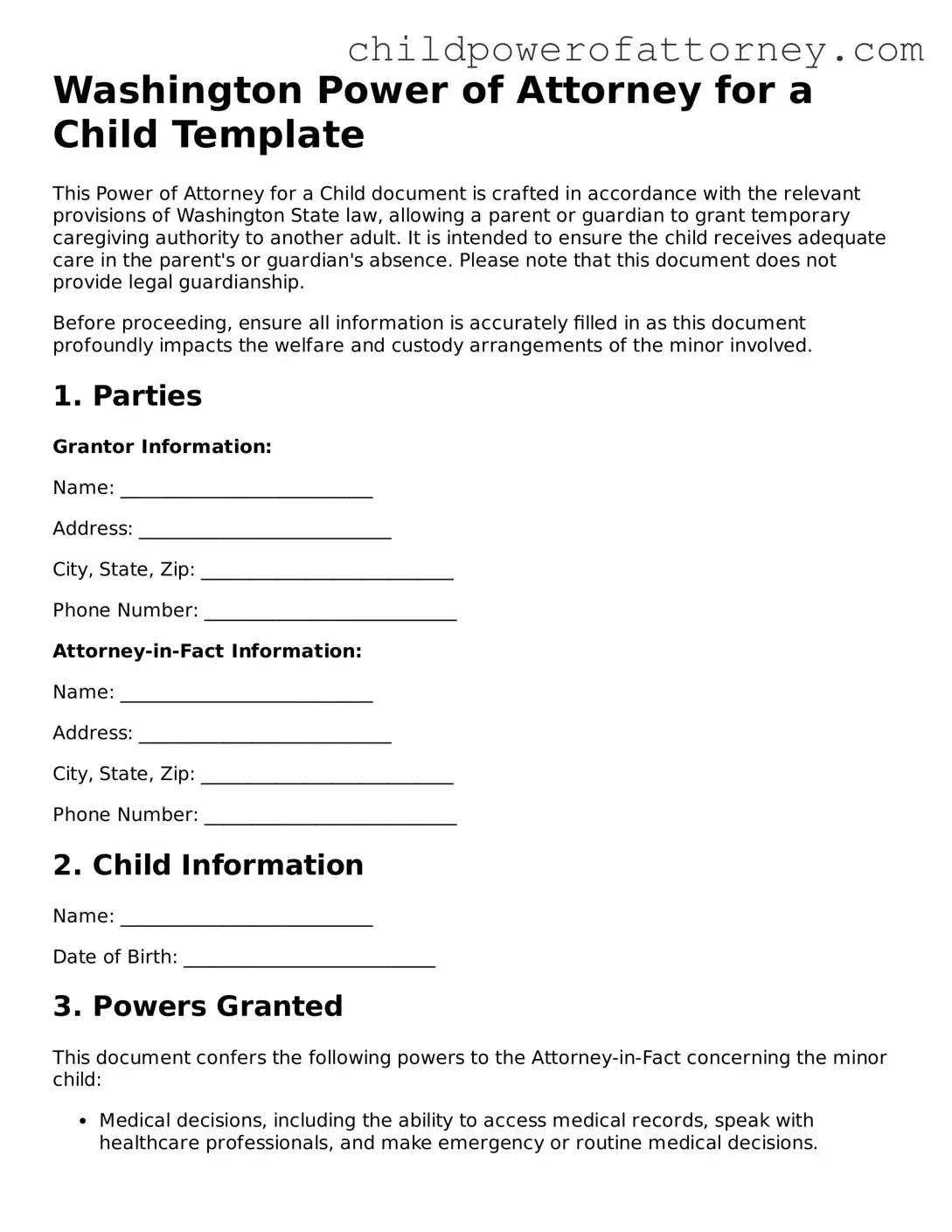 Attorney-Approved Power of Attorney for a Child Document for Washington State