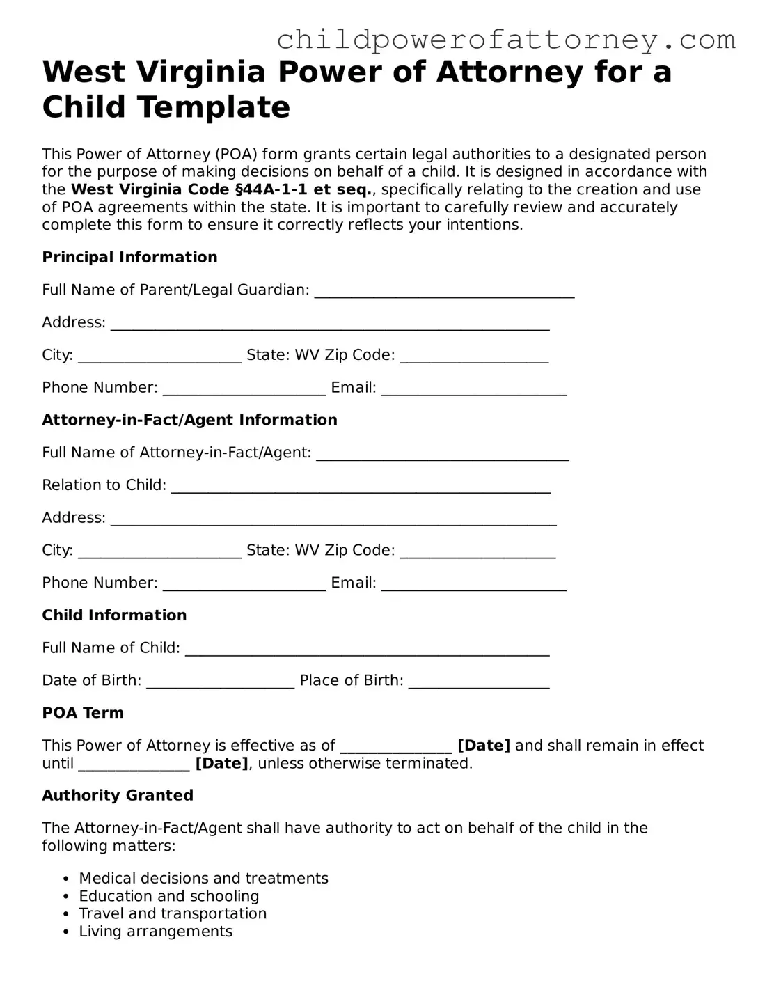 Attorney-Approved Power of Attorney for a Child Document for West Virginia State