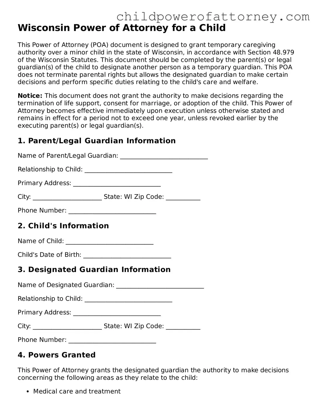 Attorney-Approved Power of Attorney for a Child Document for Wisconsin State