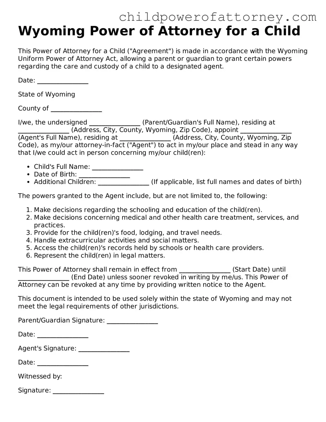 Attorney-Approved Power of Attorney for a Child Document for Wyoming State